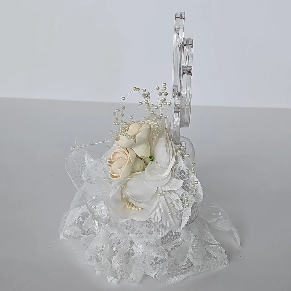 Vintage Wedding Cake Topper Double Heart Acrylic Lace‎ Faux Pearl Bridal Decor